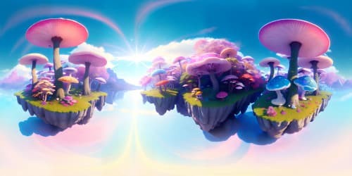 Masterpiece VR360, ultra-high-resolution fantasy landscape, suspended islands rich with mushroom forests, large moons illuminating ethereal scene, VR360 encompassing immense pink sun. Enhanced visual elements, digital painting style dominance.