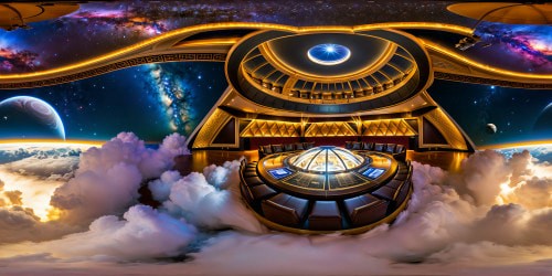 Ideal prompt: Luxurious space theater adorned with celestial murals, colossal crystal chandeliers twinkling under a galaxy-lit dome, 360-degree observatory revealing orbiting planets, plush velvet seats beneath a cosmic canopy of stars - a finely crafted visual marvel exuding opulence and grandeur in ultra high resolution.