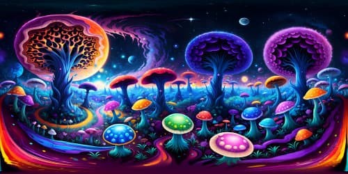 Ultra high res VR360, space island masterpiece. Lush mushroom biomes, cosmic pink hues. Ethereal night view, sprinkled stardust. Incorporate stylistic fusion, impressionist meets digital art.