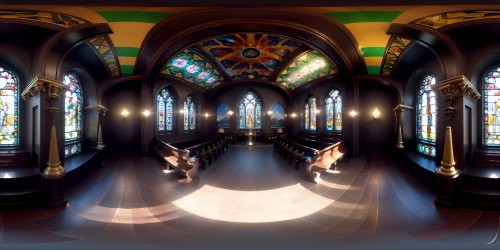 VR360 high-resolution grand cathedral, intricate stained glass kaleidoscope, high-vaulted ceilings, towering stone pillars, carved pews. Masterpiece ecclesiastical artistry, VR360 Gothic aesthetics, meticulous details across vast expanses.