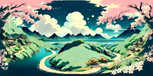 Exquisite VR360 masterpiece, ultra high-definition, Demon Slayer-inspired landscape, subtle hint of Tanjiro Kamado. Spiraling clouds, moonlight diffused, cherry blossom-strewn paths, swirling water patterns. Anime style, intricate detailing, bold colors, contrast of light and darkness. VR360 view of layered mountains, immersive depth, distant silhouettes of old-world Japanese architecture.