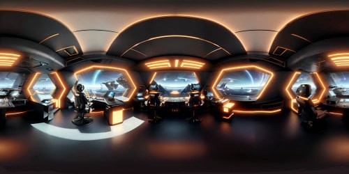 Flawless VR360 spaceship command room, intricate detailing, Sleek black accents, symmetrical screens, warm orange hues. Ethereal volumetric lighting, Reflective showroom floors, vibrant cosmic void backdrop. Visionary design, unparalleled artistry, ultra-high-resolution VR360 panorama. Distinct masterpiece quality, Pixel-perfect fantasy art.