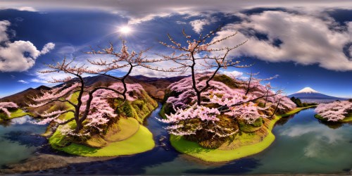 An immaculate, ultra-high-resolution 3D rendering captures the sublime beauty of the Japanese countryside: expansive rolling hills adorned with blooming cherry blossoms, a serene koi pond reflecting the vibrant surroundings, and the majestic Mount Fuji proudly towering below a flawless azure sky, every detail crafted to exquisite perfection.