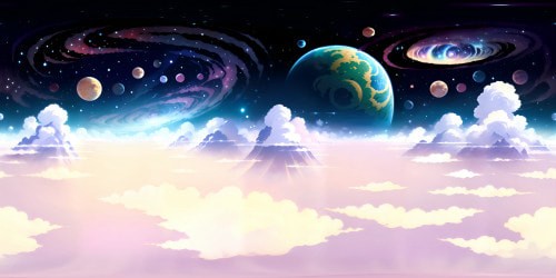 VR360 view of celestial masterpiece, ultra high-res details. Dazzling nebulae, shimmering galaxies, streaking comets. Pixaresque style, radiant colors, visually rich textures. VR360 perspective, undulating cosmic ribbons, awe-inspiring astral panorama.