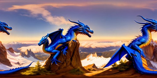 A tranquil, majestic sapphire blue dragon rests beside you on a cliff's edge, overlooking a mesmerizing landscape of sparkling snowy peaks, cascading waterfalls, and lush pine forests, intertwined with a symphony of vivid dragons swirling gracefully through the kaleidoscopic sky in a unmatched, flawless ultrahigh-resolution masterpiece.