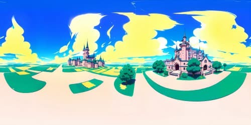 VR360 view, pink-hued, ornate castle, grand spires piercing sky, VR360 perspective. Style: masterpiece elegance, ultra-high resolution, digital painting finesse.