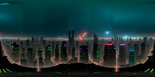 Futuristic cyberpunk megacity scene, mid-ground camera perspective, VR360 cowboy shot, gleaming skyscrapers, street vendors, robust cybernetic enhancements. Neon-lit holograms, red, green LED glow, reflective surfaces, translucent elements. Striking contrast in dystopian surroundings, intricate details, ultra-detailed, vintage color grading, cinematic lighting, volumetric light