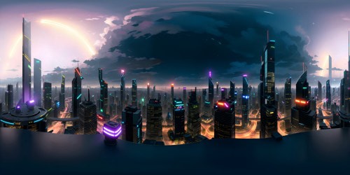 VR360 masterpiece, hyperrealistic anime cityscape, ultra 8K resolution. Neon-glaring skyscrapers, twilight-piercing pinnacles. VR360 panoramic view, city lights sparkling, bridges distant. Anime-inspired depiction, detailing crisp, color saturation high, nighttime allure pronounced. Superior VR360 quality, sublime visual richness.