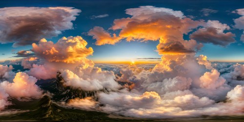 A breathtaking celestial canvas featuring billowing cumulus clouds, painted with vibrant hues at golden hour, embodying a flawless masterpiece in ultra high resolution.