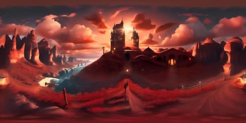 TV drama Stranger Things styled Gothic Castles SURROUNDED BY vocalnic stones. dark red background. Lightennings in the sky