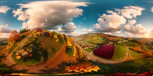 Masterpiece VR360, ultra-high res, hillside panorama unfolding into open flower-strewn meadow. VR360 sweep of autumn leaves swirling, beautiful orange sky sunset gracing the horizon. Vivid hues - red, pink, purple, orange, yellow.