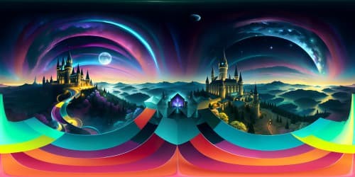 Masterpiece quality, Hogwarts-inspired landscape in ultra high-res, dark mountain silhouettes against glowing jewel-toned night sky. VR360 view of grand castle turrets, enigmatic, glowing windows. Brilliant star speckled sky, ethereal auroras dancing in VR360 panorama. Exquisite, vibrant colors, digital painting style.