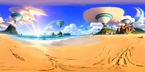 Ultra-high res VR360 masterpiece, Winx Club's Bloom-inspired beach scene. Pastel sky kissed by sunset, soaring seabirds, iridescent shell-laden shore. Sand sparkling, clear azure waves. Fantasy art style, vibrant color palette, intricate detailing. Pixar-style, ethereal VR360 beach vista.