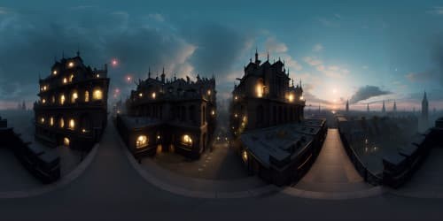 VR360, ultra HD, Dishonored inspired cityscape, twisted rooftops, grim brickwork, ornate detailing, sweeping fog, captivating twilight hues in VR360. Masterpiece quality, pronounced textures, exquisite detail fidelity.