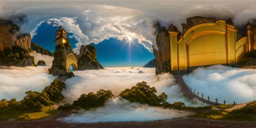 A sprawling celestial haven, resplendent golden gates, immaculate pearly streets, radiant ethereal clouds, ultra high-res, a divine masterpiece.