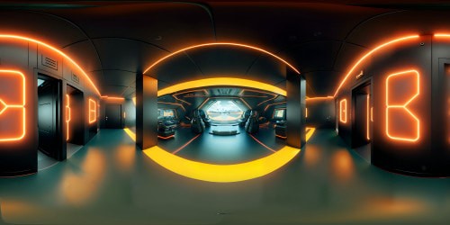 Flawless VR360 black spaceship command room, intricate detailing, neon orange accent trim. symmetrical screens, volumetric lighting, Reflective showroom floors, mesmerizing space backdrop. ultra-high-resolution VR360 panorama. 18k. 