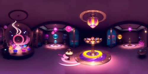 Ultra high-resolution VR360, masterpiece quality. Chocolate machine prominence on the right, adjacent pocket watch-style gears, wheels. Pink bowler hat bobbing lightly, matching well-tailored suit draped over invisible form. Left side, fountain, vibrant, multicolored juice spurting unpredictably. Chocolates held aloft, gently floating across the sky-scape.