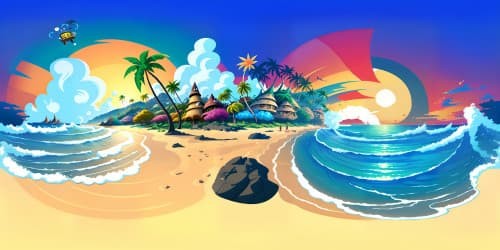 Disney-esque style, dynamic waves, VR360 Mickey Mouse silhouette on a surfboard.  Hawaiian sunset, resplendent colors, VR360 panoramic ocean view. Comic-style environment, high-quality textures, detailed yet playful. Ultra high-resolution, masterpiece-level artistry. Skybox art, grand horizon.