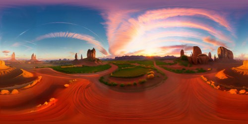 Ultra high-res masterpiece, expansive field gently rippling under majestic, radiant red sunset. VR360 view, glowing sky, radiant hues engulfing horizon. Artistic style, attention to stunning light details, vivid contrast between serene field and blazing sky. Immersive VR360 experience.