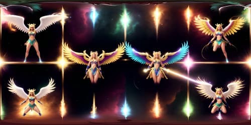 Ultra HD quality, museum-masterpiece style, three celestial beings, adorned in white leotards with gold trim, golden wings, halos radiating gold. One, dreadlocks cascading, two represent African ethnicity. VR360 scene, flight motion, one wielding a flamboyantly emerald, blazing sword. Emphasize Pixarian animation, VR360 immersiveness.