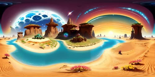 Ultra high-quality VR360 desert, sand dunes, scorpians clashing with praying mantis. Masterpiece style, intense battles, arid atmosphere, expanse of desert sky. VR360 view, vibrant colors, intense details.