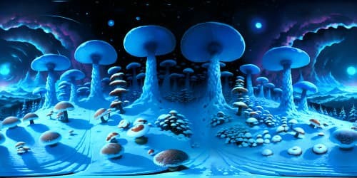 Masterpiece quality, ultra HD VR360, icy mushroom forest reaching far horizon, deep freeze atmosphere, pristine snow-covered ground, night sky adorned with constellations, immersive VR360 view, Pixar-style.