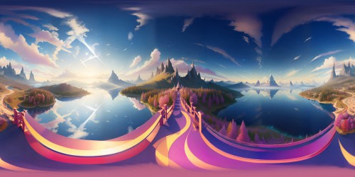 Ultra-high res masterpiece, hidden lake, enchanted mountains, floating wyverns. Pastel clouds, radiant sunset colors, VR360 ethereal realm. Iridescent backdrop, fantasy art style, wyverns against the sky. Serene lake, majestic mountain peaks, VR360 panoramic view, fantasy artistry.