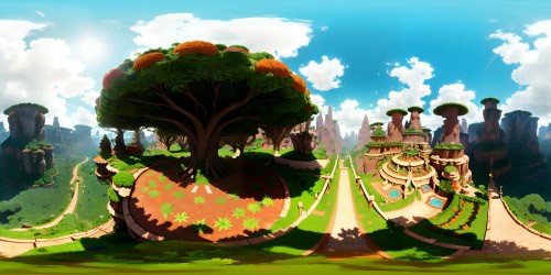 Regal carrot towers, enormous root fortresses, luscious green tops as forest canopy. VR360 view of a vibrant, orange hued kingdom. Masterpiece-like detail, ultra high-res VR360 panorama. Pixar-style whimsy, fantasy elements in every corner.