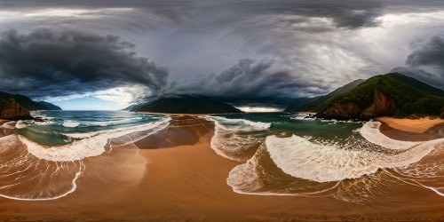 A perfect, flawless high-resolution ocean scene, rain-soaked sands shimmering, waves tumultuously crashing against a deserted shore, stormy skies brewing with thunder, distant sculpted rocks, a stunning masterpiece of nature's drama.