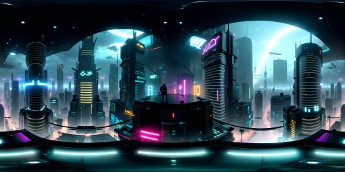 Cyberpunk 2077 dystopia, towering neon skyscrapers, megastructures dominating VR360 horizon. Floating holograms, vibrant LED billboards, dynamic cityscape, vivid dichotomy of dark alleyways, gleaming buildings. Emphasizing ultra-high-res VR360 visuals, pixel-perfect digital art. Masterpiece detailing, distinct cybernetic aesthetics, Blade Runner-esque ambiance.