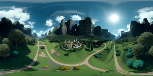 VR360 view, lush greenery, intricate blades of grass, high-definition, ultra-resolution, fantasy art-inspired, vast open expanses, masterfully detailed, expansive VR360 panorama.