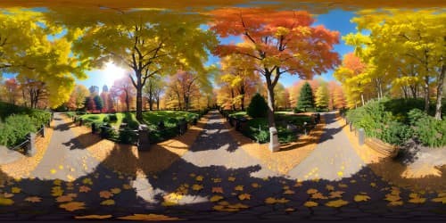 VR360 masterpiece, ultra-high-resolution, Central Park in autumn. Fall colors exploding, deciduous leaves scattered. Pastel sunset hues, skyview emphasis. Soft, impressionistic style, VR360 focus.