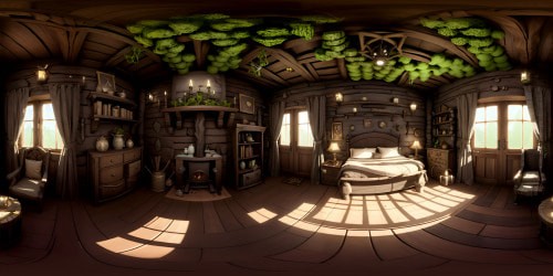 VR360: Decrepit witch hut, gnarled wood, moss-riddled roof, vine-wrapped pillars, floating spell books. VR360: Ethereal concoctions, smoke tendrils, cauldron's eerie glow. Style: Masterpiece, ultra-high resolution, Gothic surrealism, detailed texture.