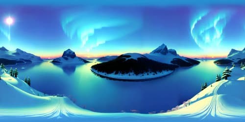 VR360 crisp, frost-kissed lake. Azure ice, glistening snow. Pine silhouettes, mountain backdrop. Dusk sky, Aurora Borealis whispers. Ultra-high resolution, finest quality, grand masterpiece style.