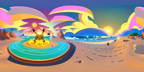 Pikachu silhouette, electrifying sparks, sandy beach, frothy sea waves, sunset glow. Pixellated art style, vibrant hues, VR360 view. Giant sun, reminiscent of Pikachu's tail, dreamy pastels. Anime-inspired, VR360 beach skyline, immersive masterpiece.