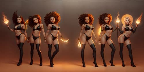 five evil female angels wearing tiny black leotards with red trim_they have golden wings_the women have gold halos over their heads_one woman has dreadlocks_two of the women are  african american_they are flying_one woman is carrying a flaming green hammer.