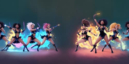 four african american women wearing black and blue leotards with thigh high boots. one woman has dreadlocks. two women are carrying flaming spears.