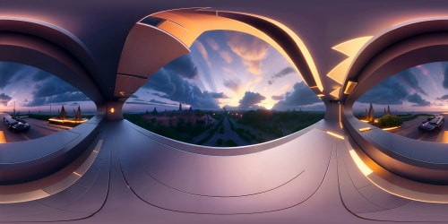 VR360 masterpiece view, ultra-high res detailing. Hues of a sunset sky, pastel-coated clouds mirroring alpenglow. Crests of waves touching far horizon, glistening like molten gold. Art nouveau style, ethereal curvature in cloud formations, intricate lace-like lines in waves. VR360 panorama, subtle graininess, intricate detailing.