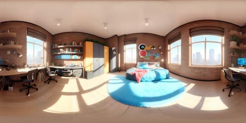 VR360 panorama, ultra high res, vibrant room bordering, scattered textbooks, cozy bean bags, corkboard filled with sketches, floor lamp casting warm glow, Pixar-style color palette, masterpiece style detailing, VR360 horizon featuring wide-windowed cityscape view.