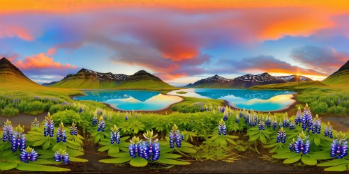 An Icelandic summer vista adorning an impeccable masterpiece in ultra high res: a tranquil morning shrouded in mist, reflecting pristine hot springs ponds glistening in vivid aqua hues amidst a sea of tundra and lupine, with majestic highland peaks in the distance under a breathtaking sunrise unveiling the vast horizon.