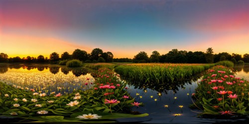 A dreamlike, enchanting sunset garden filled with vibrant, blooming flowers under a pastel sky, a serene pond reflecting the stunning celestial canvas, whimsical fireflies dancing in the air, evoking a sense of pure magic and perfection. Ideal for a high-resolution masterpiece capture.