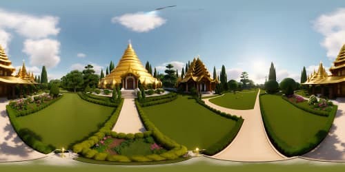 Masterpiece VR360, ultra-high-resolution pagoda, intricately crafted wood, glints of gold details, surrounding gardens lush with exotic flora, VR360, Pixar-style animation, tranquility, pagoda grandeur towering against backdrop of wispy clouds