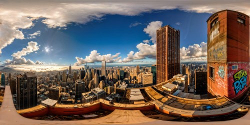 Perched atop a towering skyscraper, a gritty and anarchic rooftop wasteland unfolds in ultra high-resolution, strewn with chaotic punk-inspired debris, graffiti-clad walls, broken neon signs, and scattered urban relics, a flawed masterpiece.