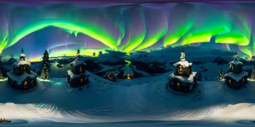 Skyrim-inspired VR360: snow-capped peaks reach skyward, ancient dragon sculptures in stone, thick pine forests at base. Overhead, VR360 view of aurora borealis - mystical hues swathing the sky, surreal art at finest. Masterpiece, ultra-high resolution.