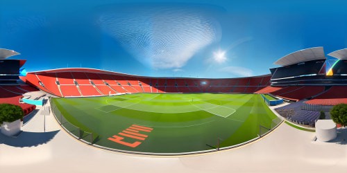 VR360 ultra-high resolution, soccer stadium masterpiece, vibrant field center view, spectator seats far-distanced, goal posts at horizons. Grandiose, panoramic, final match anticipation. Picasso-like vivid colors, sharp contrasts, striking geometry in VR360.