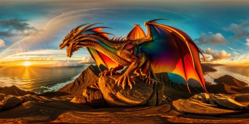 A majestic, colossal dragon, scales glistening in a rainbow of hues, wings spanning a vast horizon, set against a fiery sunset, awash in golden light and intricate details, a true digital masterpiece in ultra-high resolution.