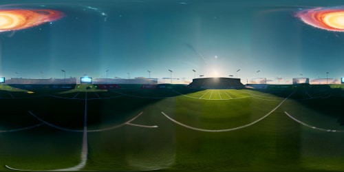 Masterpiece quality, ultra high res, expansive soccer field, goal posts looming, verdant green grass, crisp white boundary lines, luminous sunset over horizon, spectators' shadows stretching, subtle VR360 play of light, a Pixar-style rendition, vibrant colors enlivening the scene, second VR360 layer cosmos, stars twinkling, satellite-like soccer balls coasting.
