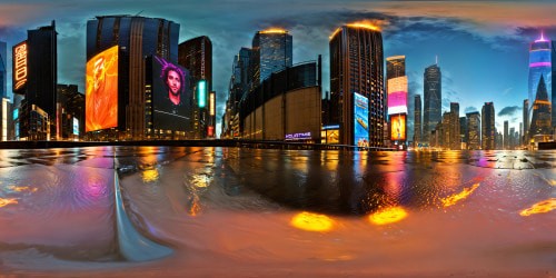 A flawless, ultra high-res cyberpunk metropolis gleaming beneath a torrential downpour, neon lights shimmering on slick streets, colossal holographic billboards casting a luminescent glow over meticulously detailed skyscrapers, mirroring a stunning intricacy in the glistening puddles below.