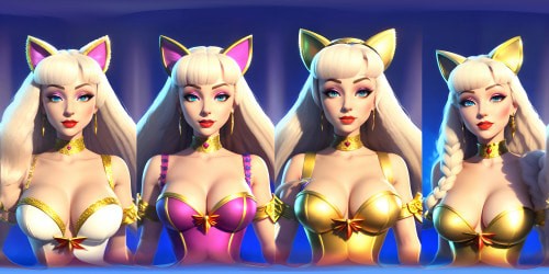 VR360 masterpiece, five adult princesses, white fur attire, gold embellishments. Diverse appearances, blue eyes, blonde hair, application of red lip gloss. Uncommon poses, crouched, arms elevated. Detailed focus on armpits, feline ears. VR360, ultra-definition depth, photorealistic style.