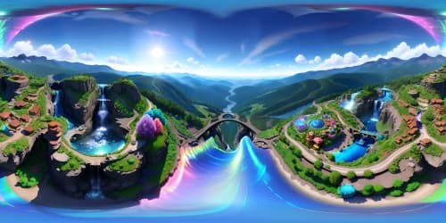 VR360 ultra high-res masterpiece, mountain peak vista, snow-capped, cascading waterfalls, lush alpine meadow, digital painting style, hyperrealistic detailing. VR360 panoramic view: breathtaking mountainscape, vibrant dusk sky.